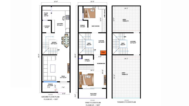 15x45 G+1 House Floor Plan | Compact Modern Residential Layout by Naksha Store